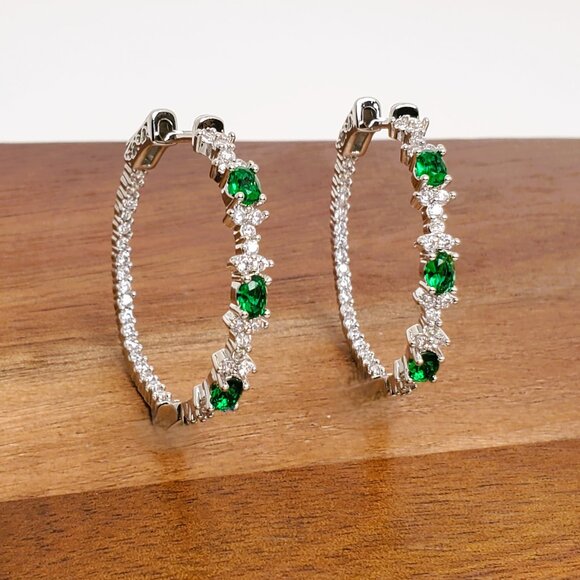 925 Sterling Silver Womens 1ct Diamond 2ct Green Emerald Gemstone Hoop Earrings - Picture 2 of 5